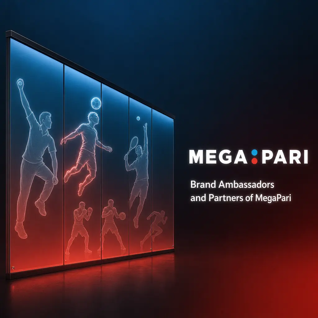 MegaPari brand ambassadors and sports partners including Sporting CP, FC Sheriff, Legia Warsaw, and Marcelinho Carioca