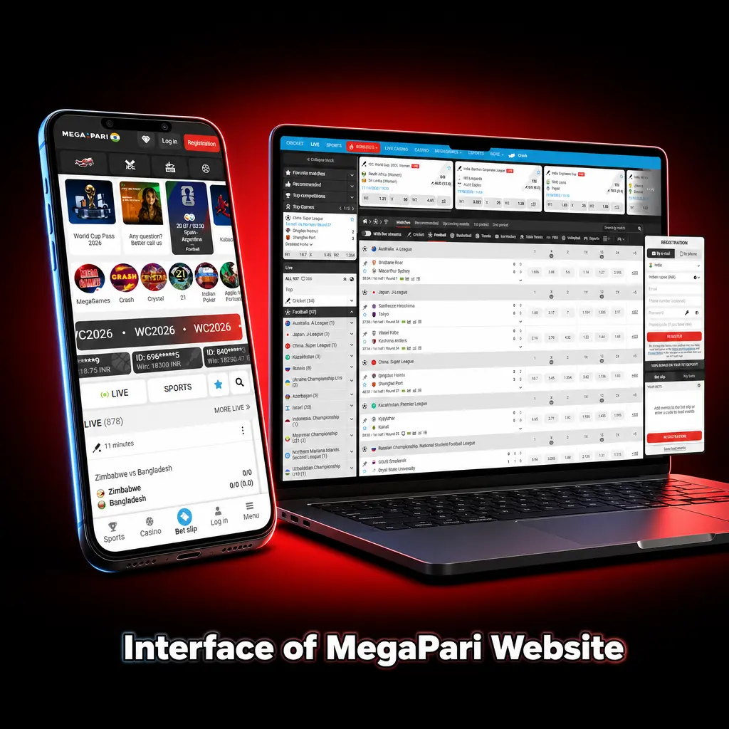 MegaPari website interface showing top navigation with Sports, Live Betting, Casino, and Promotions in Thai language support