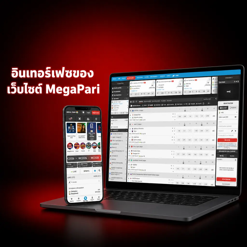 หน้าเว็บไซต์ MegaPari แสดงเมนูหลักครบครัน ทั้งกีฬา คาสิโน eSports และโปรโมชัน รองรับภาษาไทย
