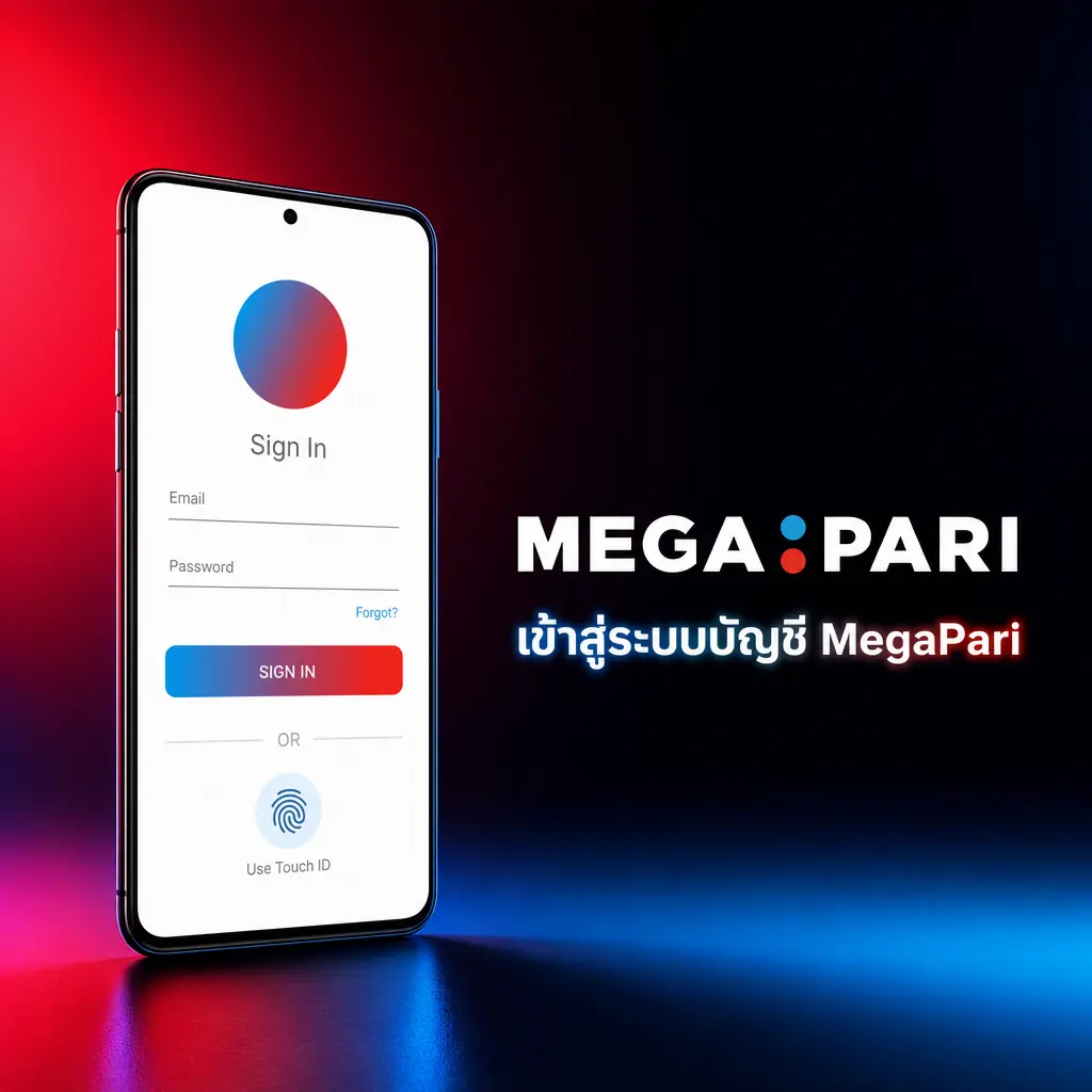 หน้าจอเข้าสู่ระบบบัญชี MegaPari พร้อมช่องกรอกอีเมลและรหัสผ่านสำหรับผู้ใช้