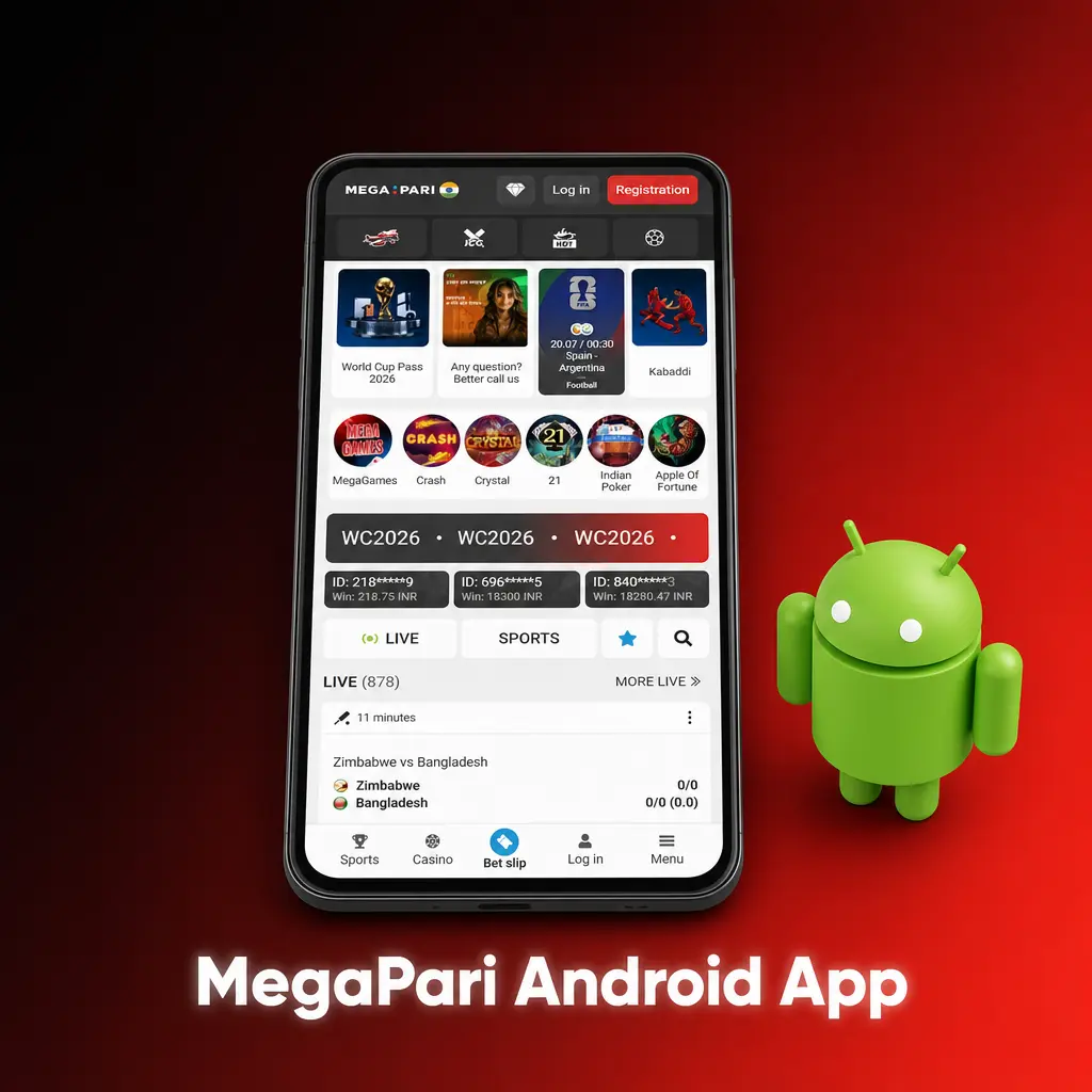 MegaPari Android app download page showing mobile sports betting and casino games access on Android devices