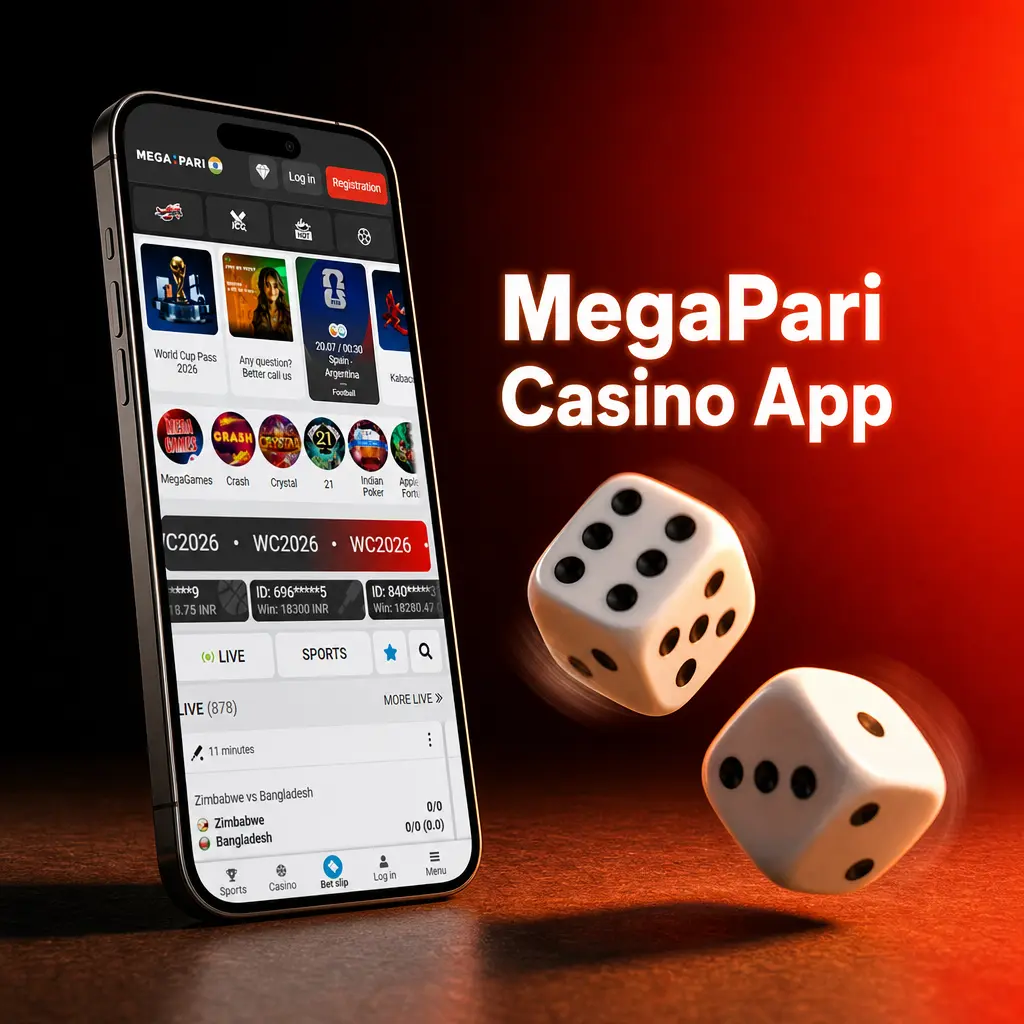MegaPari casino app interface showing 10000+ games live dealers table games and sports betting on mobile