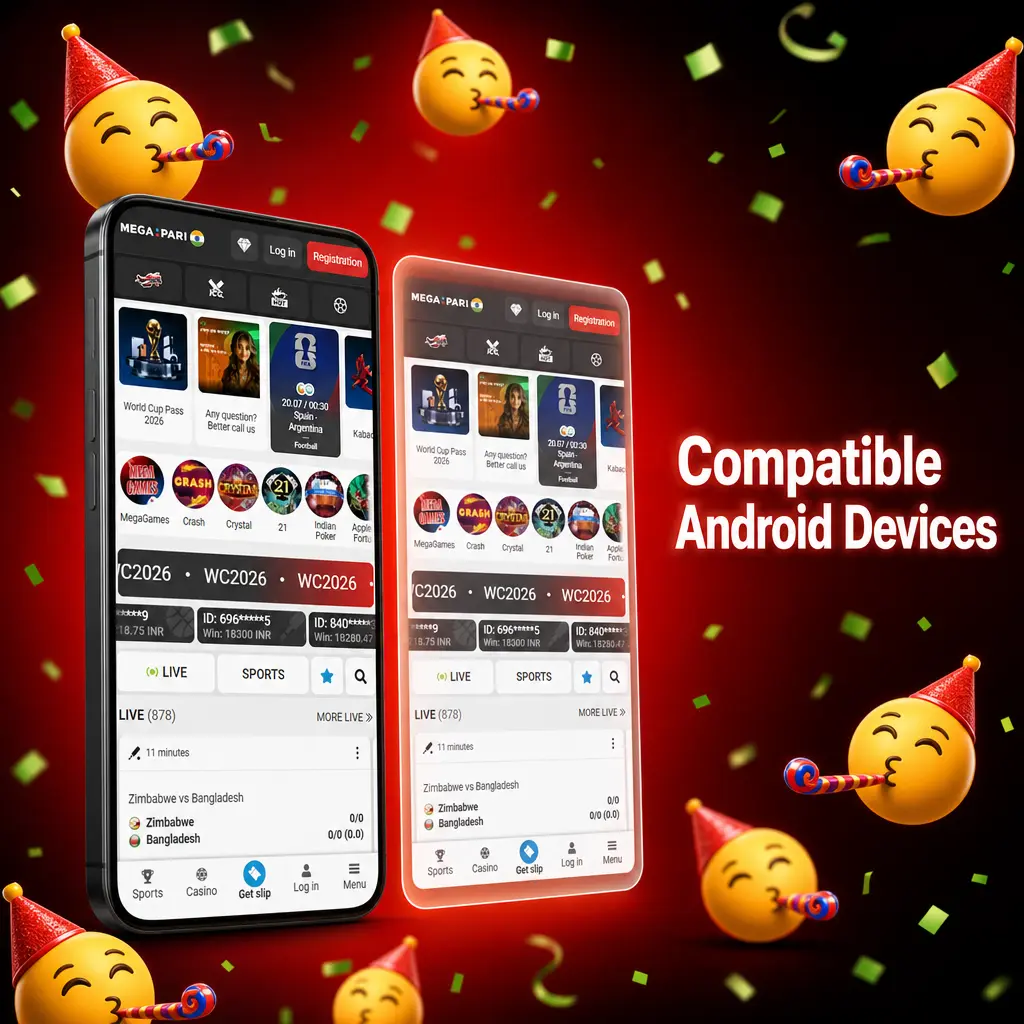 MegaPari Android app compatible devices including Samsung, Xiaomi, OPPO, Vivo, Realme, OnePlus, and Google Pixel