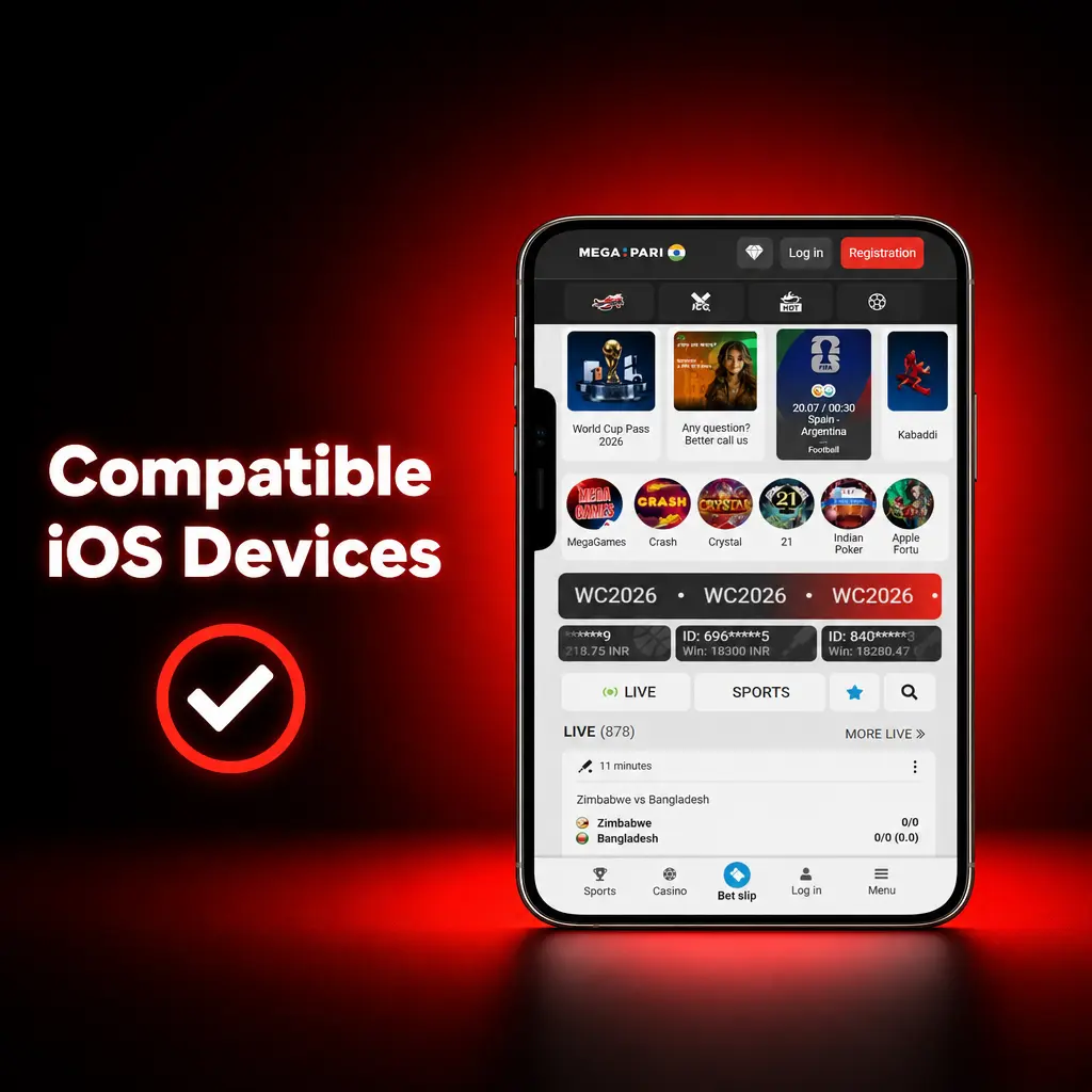 MegaPari app compatible iOS devices list including iPhone X through 17 and iPad Air and Pro models