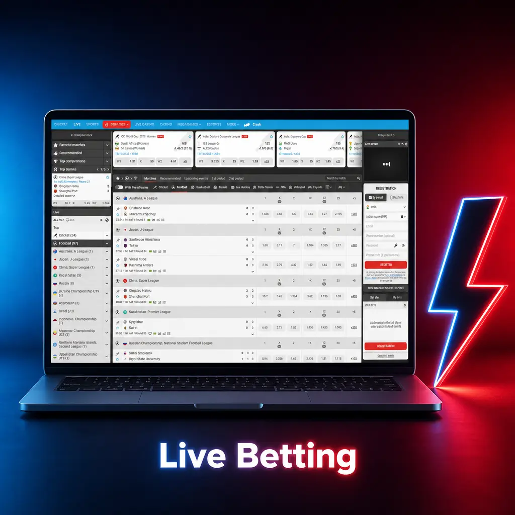 MegaPari live betting interface showing real-time odds updates, live statistics panel, and in-play markets for football and sports