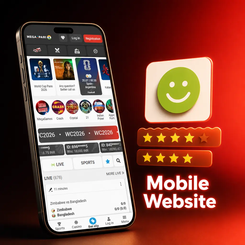 MegaPari mobile website interface on iOS and Android smartphone browser with full sports and casino access