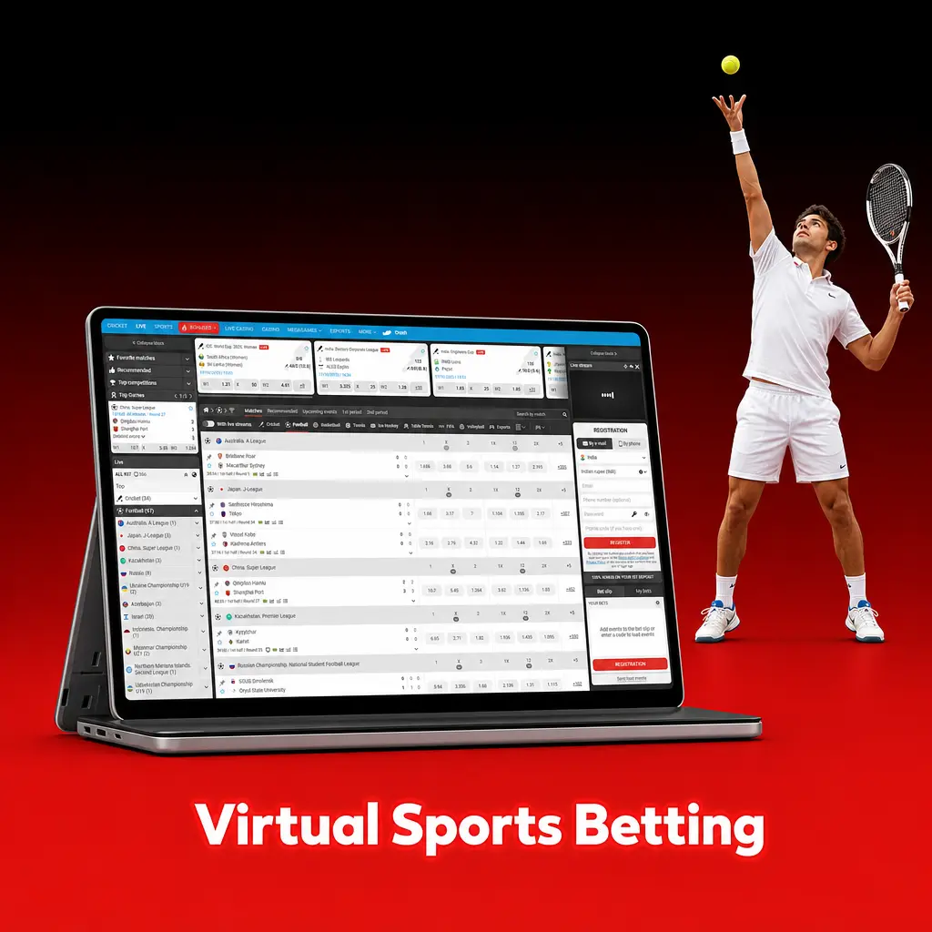 Virtual sports betting interface on MegaPari showing football, horse racing, basketball and tennis options