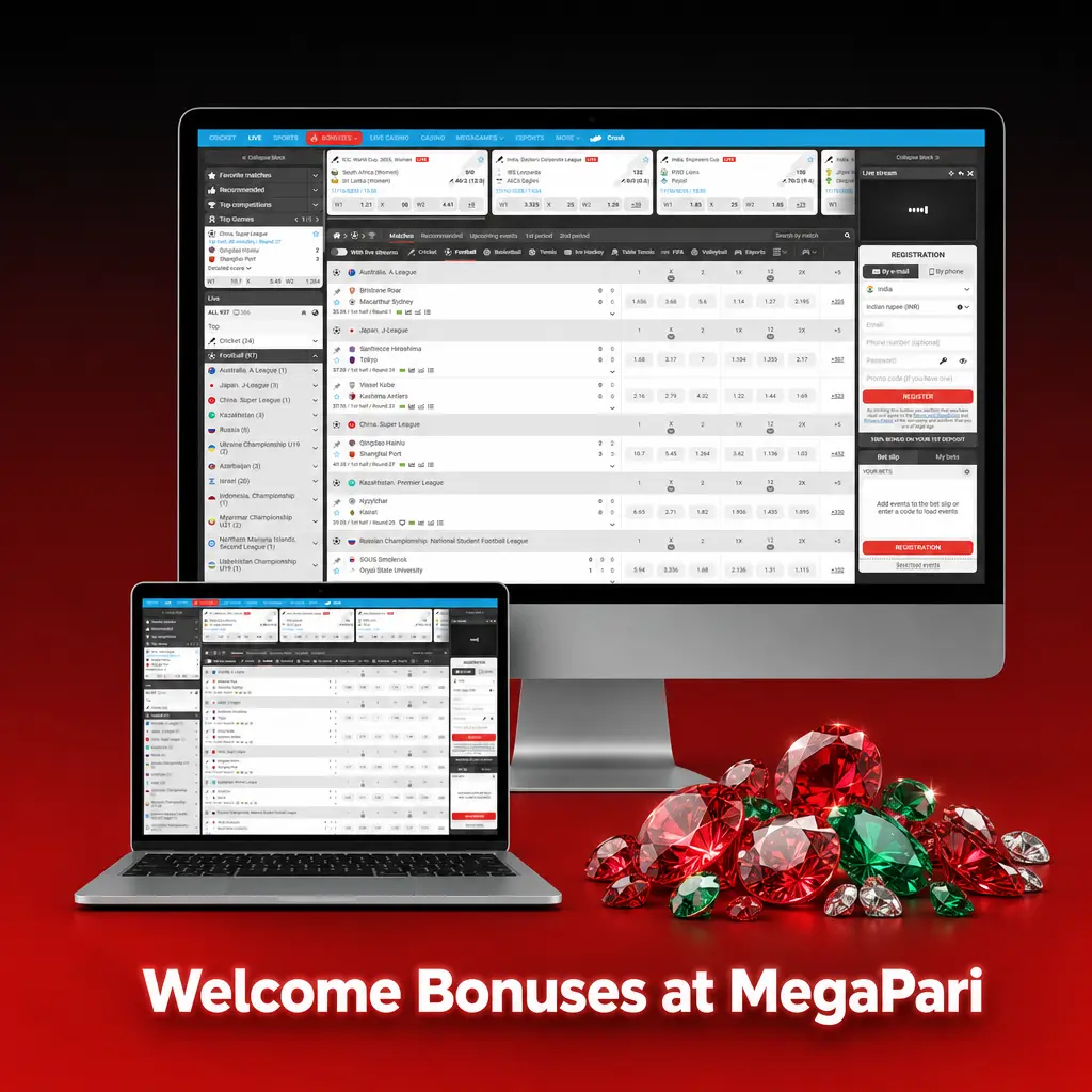 MegaPari welcome bonus table showing 4 deposit tiers up to 60,000 THB and 150 free spins